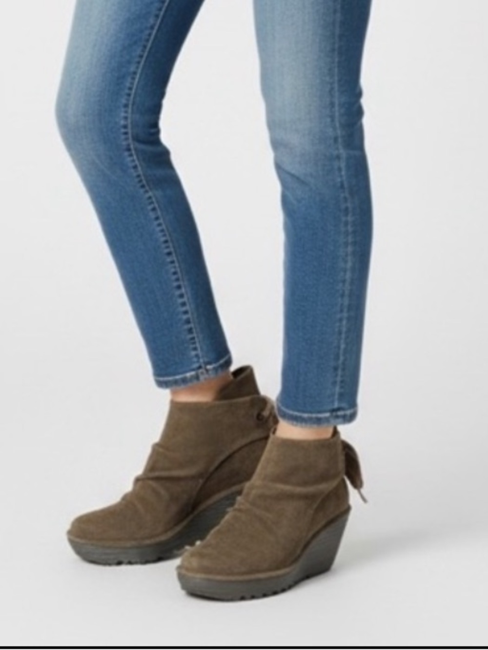 Fly London Yebi Oil Suede Camel Ankle Wedge Booties NWT